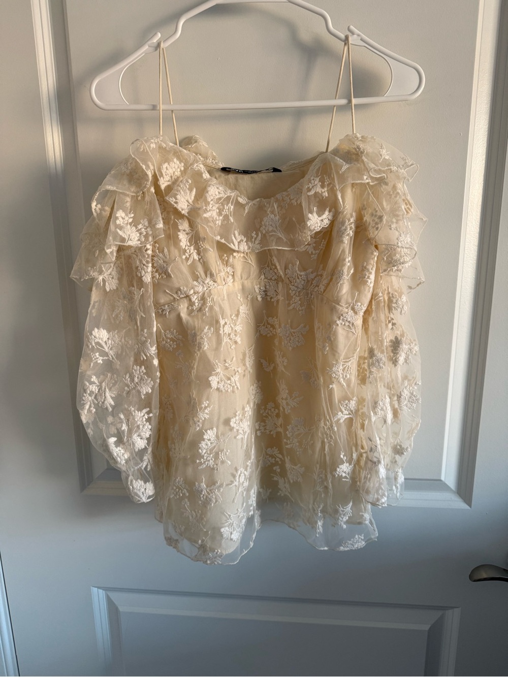 Zara Cream Sheer Floral Embroidered Blouse - XS